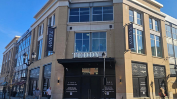 Illuminated channel letters and black blade signs on the Teddy storefront at Crocker Park, installed by Brady Signs, a Westlake sign company.
